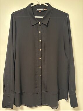 Karl Lagerfeld Black Sheer Pleated Front Button Blouse